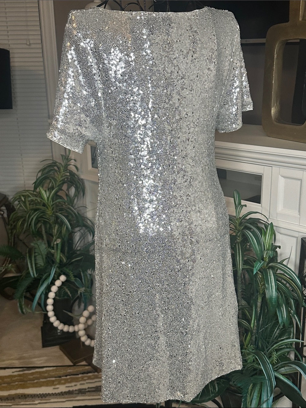Silver Sequin V-Neck Midi Dress - Elegant Party Dress - Picture 3 of 3